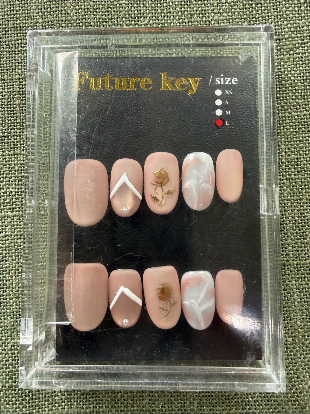 Future Key Nude Pink Press-On Nails with White Accent & Gold Rose